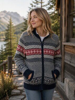 Tommy Hilfiger Sweater Wool Blend Blue Fair Isle Wool Full Zip Apres Ski Medium